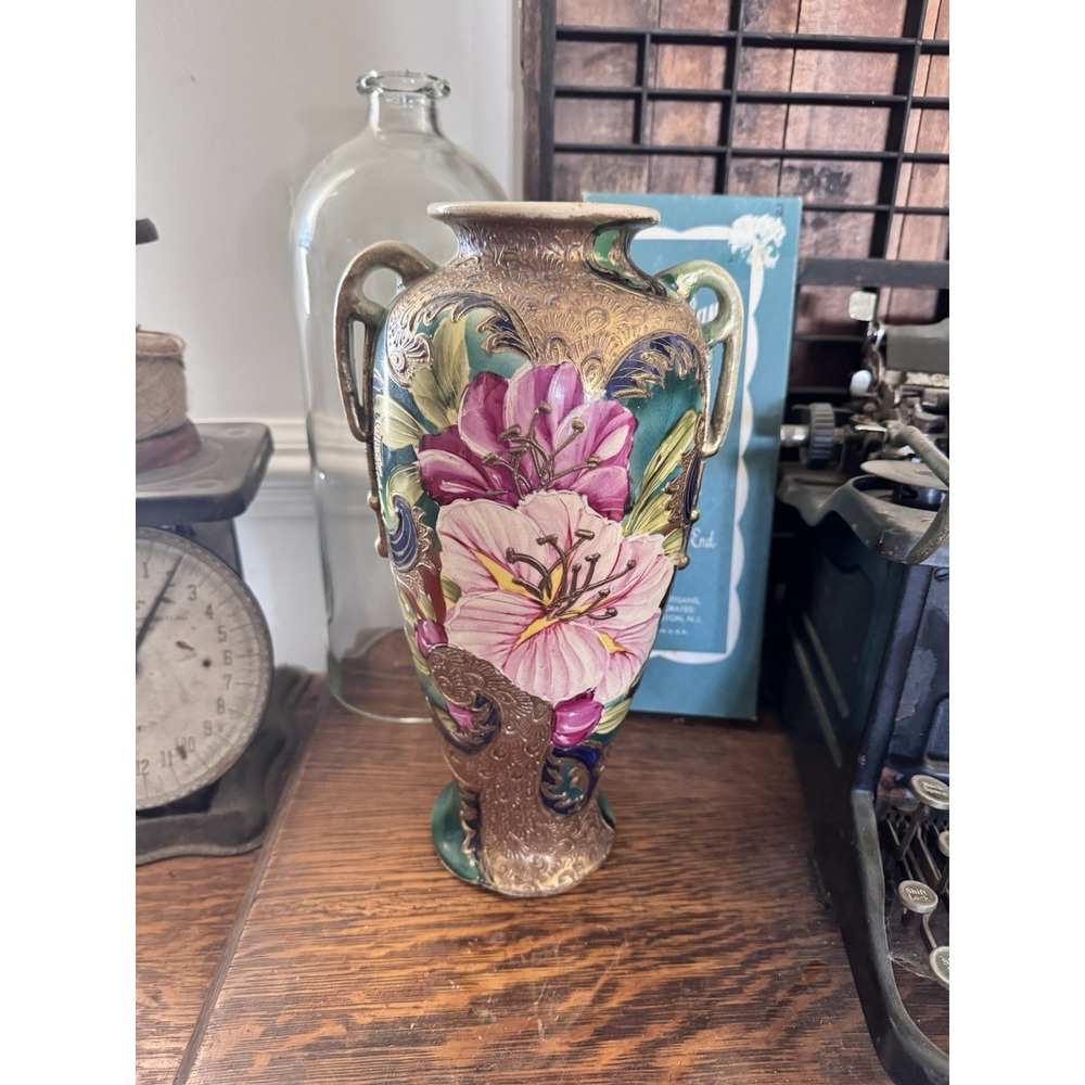 Large Ornate Painted Vintage Antique Vase Gorgeous Floral Statement Decor Home